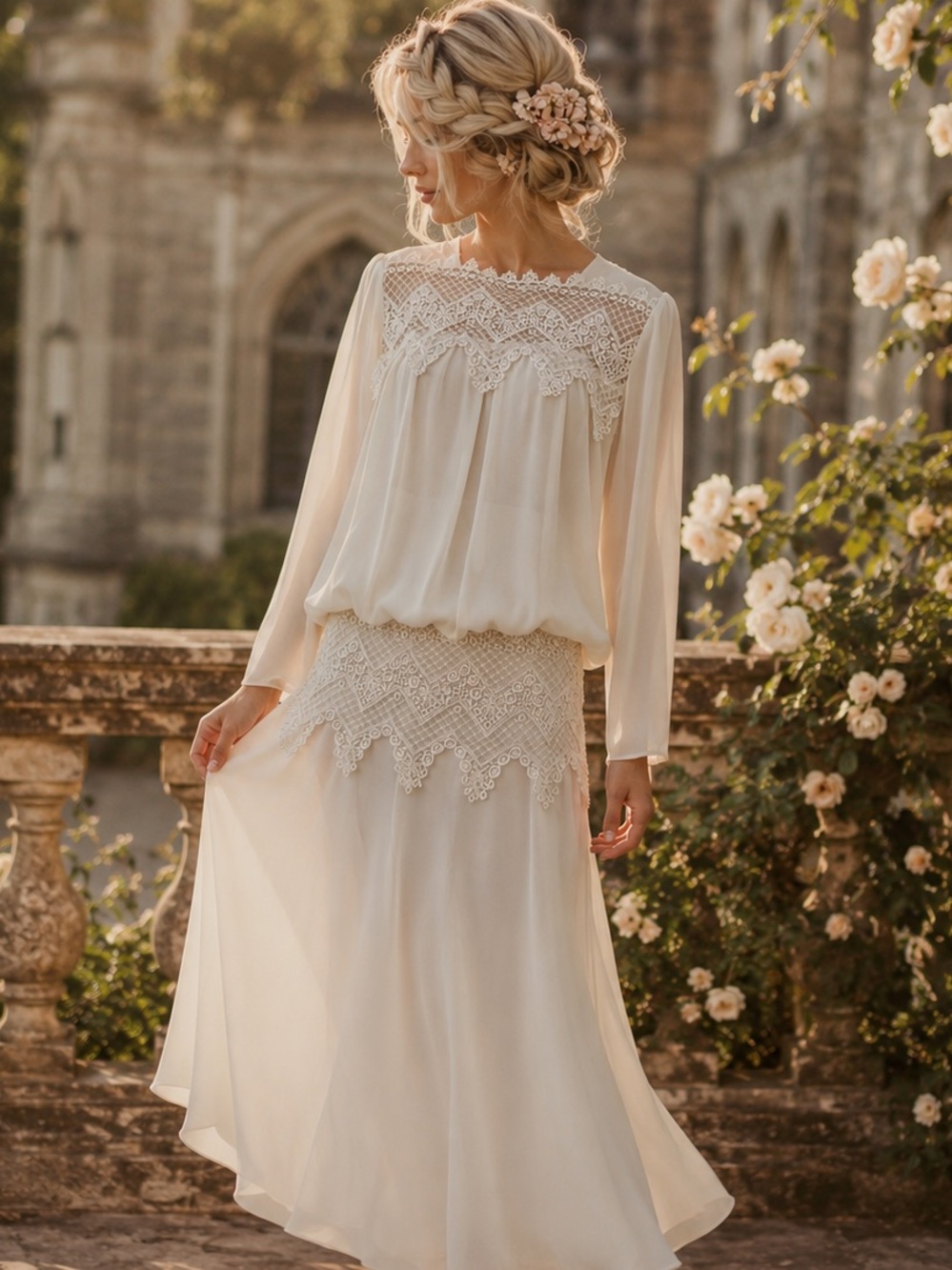 Vintage 80s Ivory Chiffon Lace Drop Waist Dress Romantic Boho Bridal Cottagecore